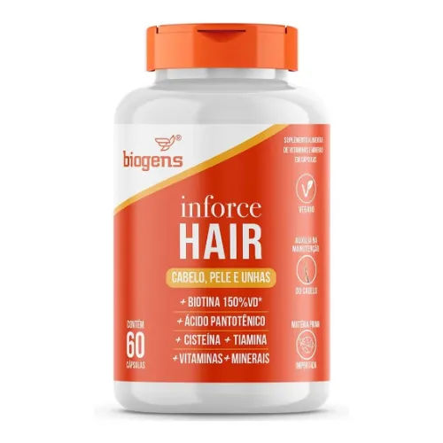 Frasco de vitamina para cabelo cilíndrico e largo com rótulo e tampa laranjas.