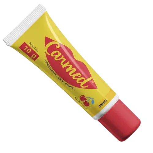 Hidratante labial em bisnaga amarela com tampa vermelha