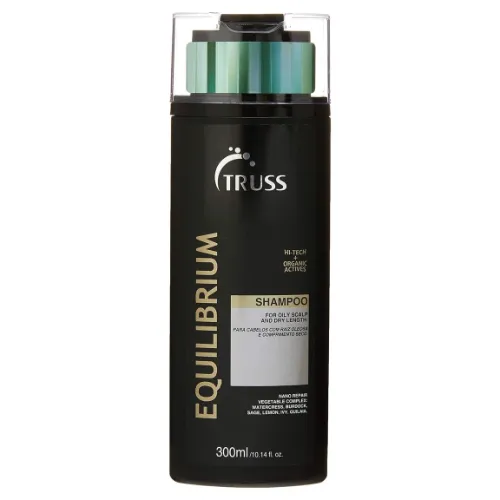 Frasco de shampoo para cabelo oleoso largo e comprido, com rótulo preto e tampa verde